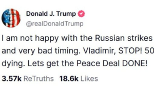 “Vladimir, STOP!” – написал Трамп после широкомасштабной атаки на Украину, об этом сообщило Минобороны РФ.
