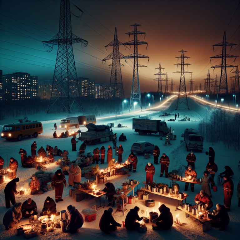 Мурманск переживает отключение электроэнергии: на улицах выдают горячую воду, функционируют мобильные кухни, населенный пункт ожидает новых опор ЛЭП из соседних регионов для замены поврежденных.