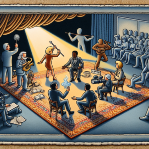 Жизнь подобна театральной игре на ковре. Представляем вам: Александр Золотовицкий, актер и режиссер, Вера Харыбина, режиссер и актриса, Алексей Золотовицкий, режиссер и актер.